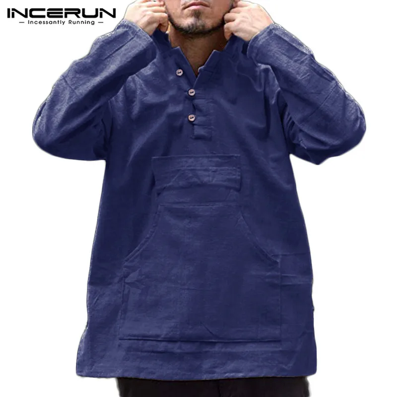 INCERUN Мужская футболка рубашка с хлопком с капюшоном и карманами с длинным рукавом Повседневные пуловеры Свободные китайские винтажные однотонные футболки Hombre S-5XL