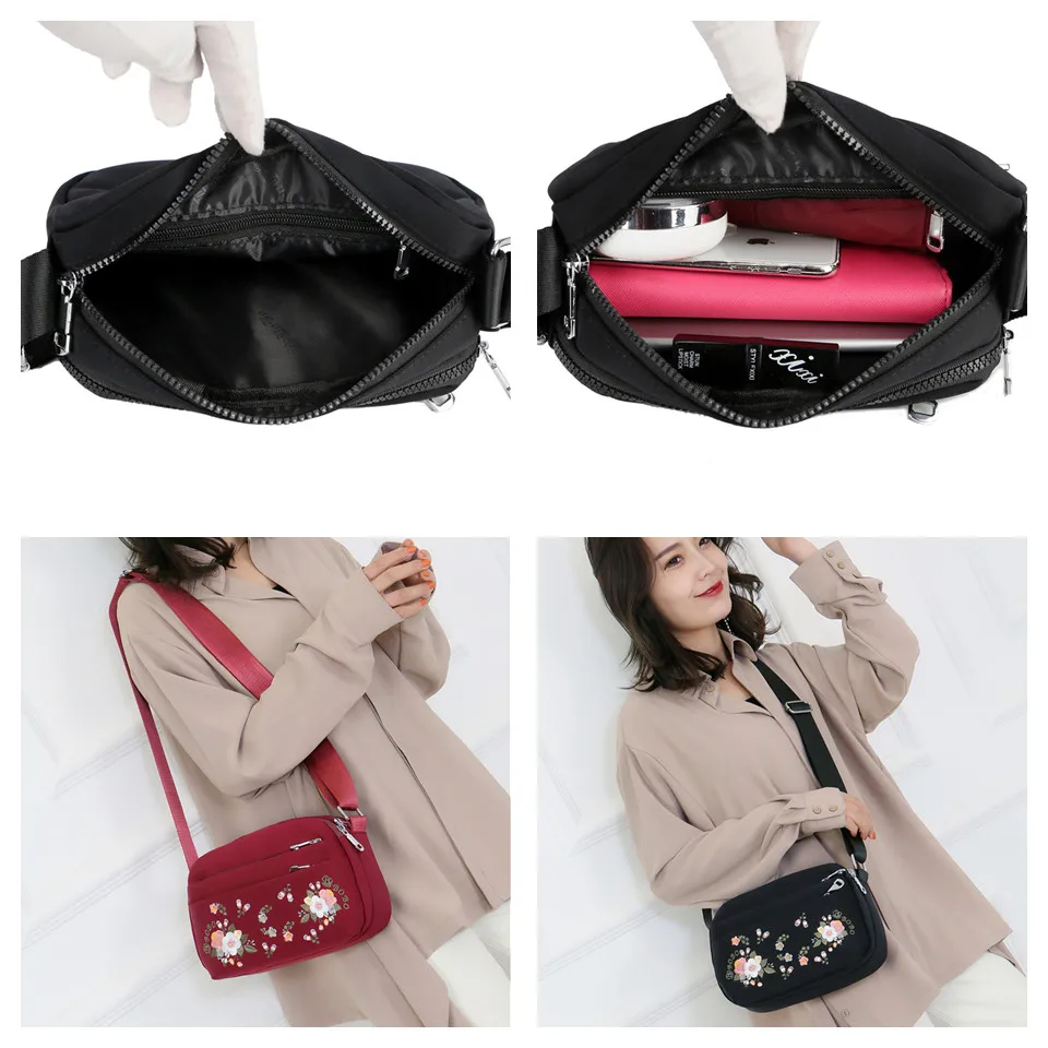 Luxury Brand Flower Shoulder Bag Women Small High Quality Nylon Tote Top-handle Travel Crossbody Bag Embroidery Messenger Bags