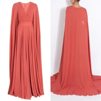 

Modest Spring Muslim Long Evening Dresses Coral Chiffon A Line Surplice V Neck Prom Gowns with Cape Sweep Train Celebrity Dresse