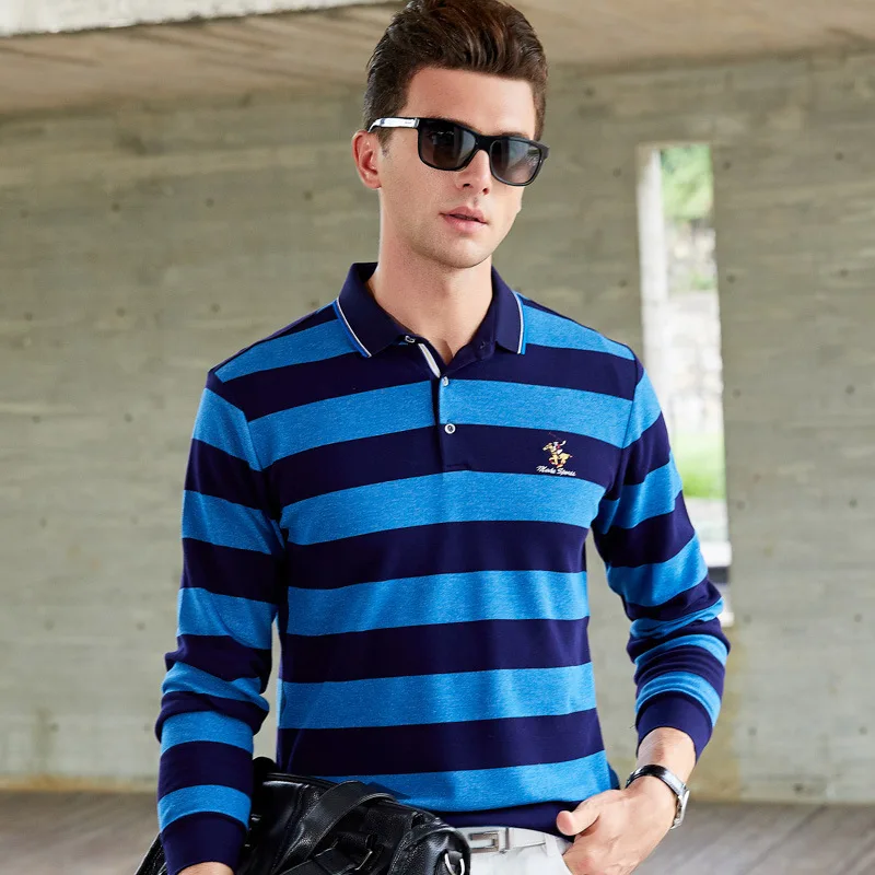 Мужская одежда стиль с длинным рукавом мужская полосатая футболка с отворотом Молодежная деловая рубашка поло из чистого хлопка не выцветает