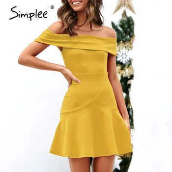 

Simplee Elegant off shoulder A-line women dress Solid bodycon female mini party dress Summer casual ladies dresses vestidos 2019