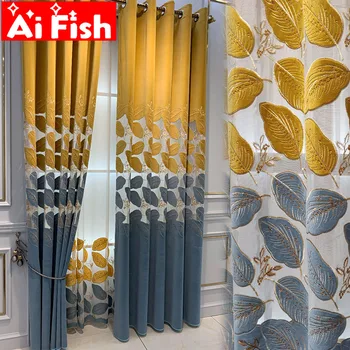 

Hollow-out Golden Blue Leaf Semi-Blackout Curtains for Living room Coffee Exquisite Embroidered Leaves Bedroom Drapes MY211#30