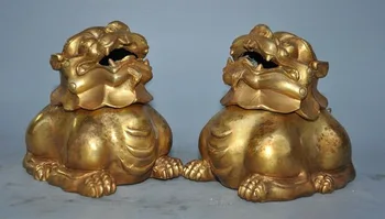 

wedding decoration 5"China Bronze Gilt Unicorn Foo Dog Lion Beast Statue Incense Burner censer Pair