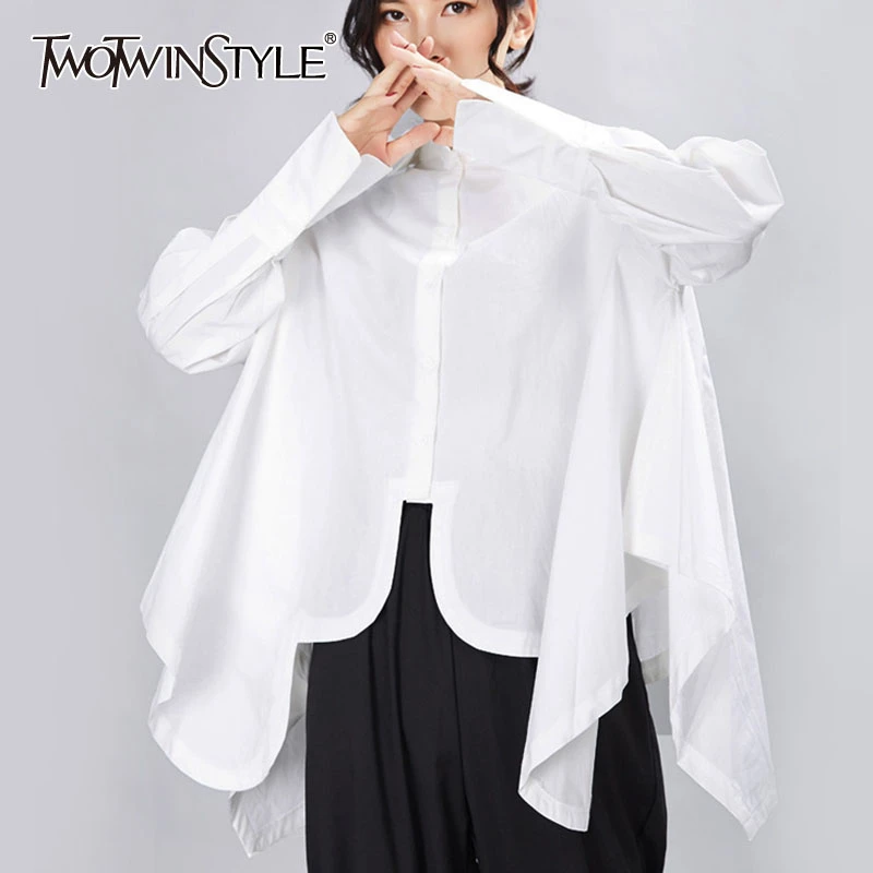 TWOTWINSTYLE Women Pleated Big Size Irregular Blouse New Lapel Long Sleeve Loose Fit Shirt Fashion Tide Spring Autumn 2020 TWOTWINSTYLE Women Pleated Big Size Irregular Blouse New Lapel Long Sleeve Loose Fit Shirt Fashion Tide Spring Autumn 2020