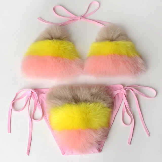 Real Fox Fur Bikini Bra Panties Sexy Lingerie Summer Beach Underwear Yellow  Black Pink Purple - AliExpress