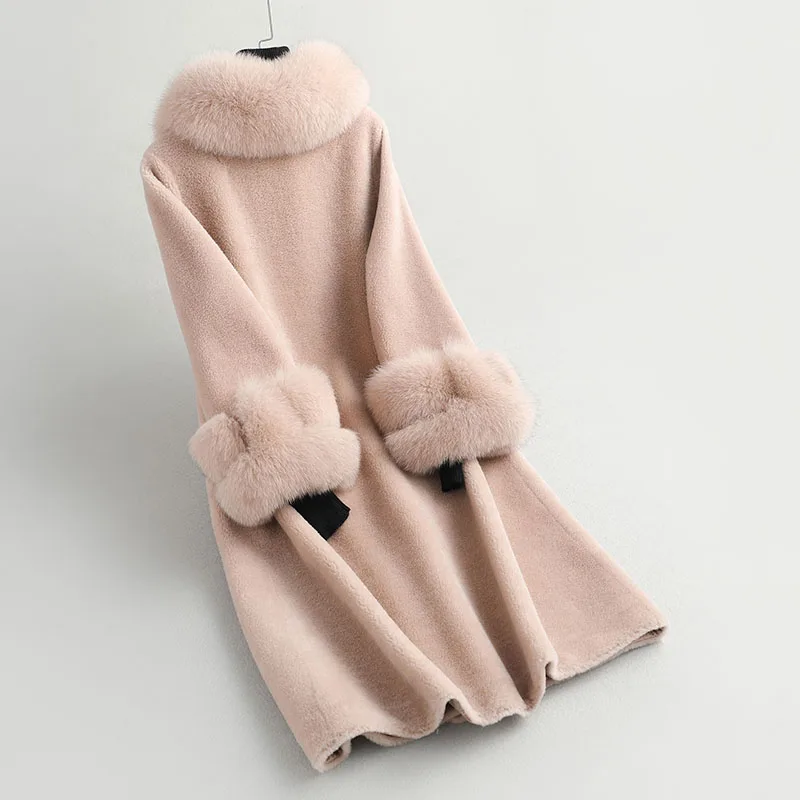 Новое натуральное зернистое овечья стрижка композитный мех женское новое пальто с капюшоном длинное кашемировое пальто шапка из лисьего меха C10-2
