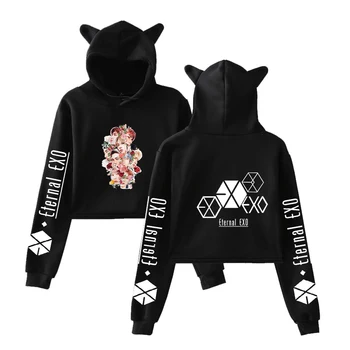 

2019 Kpop EXO PLANET#5 Women Cat Ear Crop Top Hoodie Pullover Tops Streetwear Casual EXO PLANET#5 Cropped Hoodies Sweatshirt