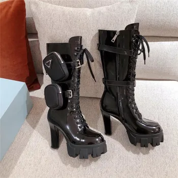 

2020 Luxury Design Pocket Chelsea Boots Women Geunine Leather Thick Sole Chunky Heel Platform Ankle Boots Black Motorcycle Boots