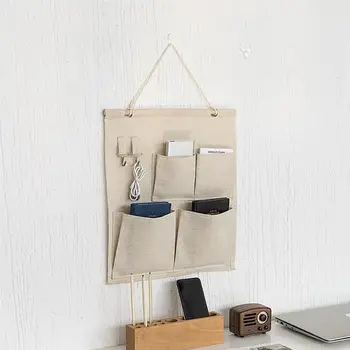 

Over the Door Hanging Storage Bag Linen Cotton Fabric Wall Door Cloth Hanging Storage Bag Case with 4 Pocket Home Organizer 1PC