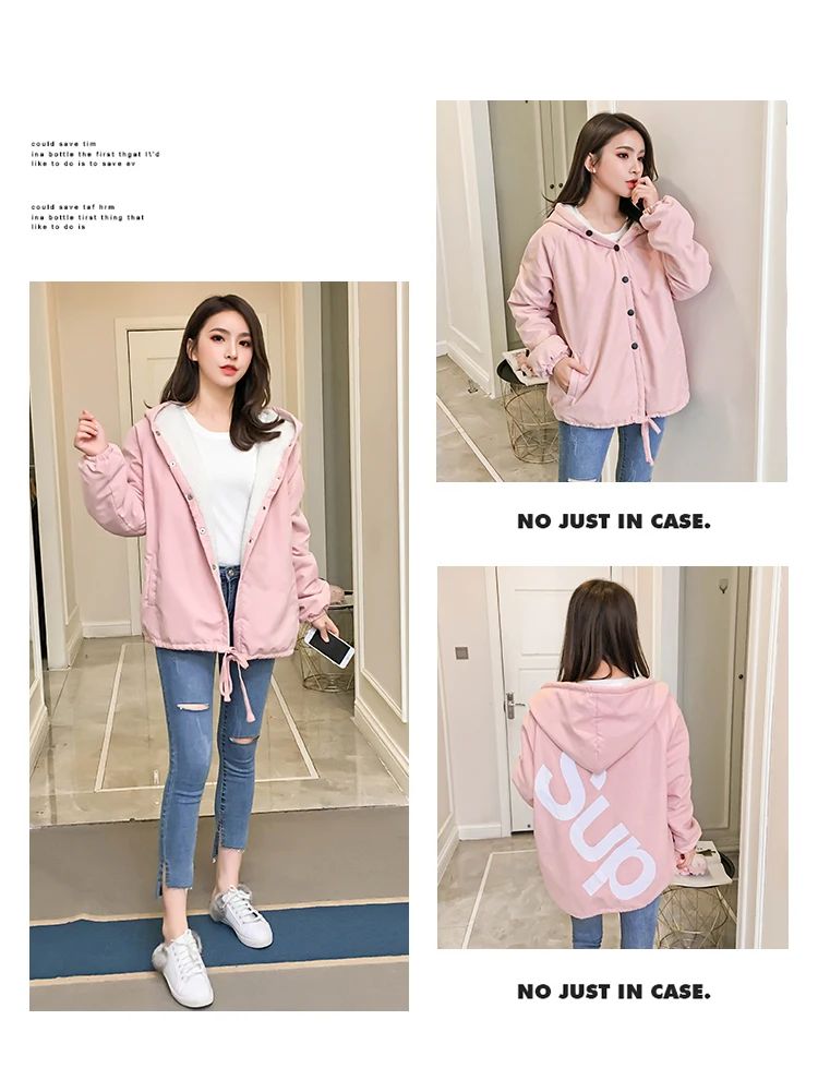 New Style Korean-style Loose-Fit Students Printed Brushed And Thick Hooded Mid-length Lambs Wool Coat Tops