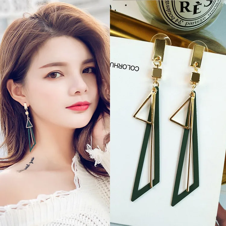 

2020 New Hot Sell Fashion Style Long Geometric Triangle Tassel Ear Drop for Women Personality Exaggerated Popular Fine Jewelry