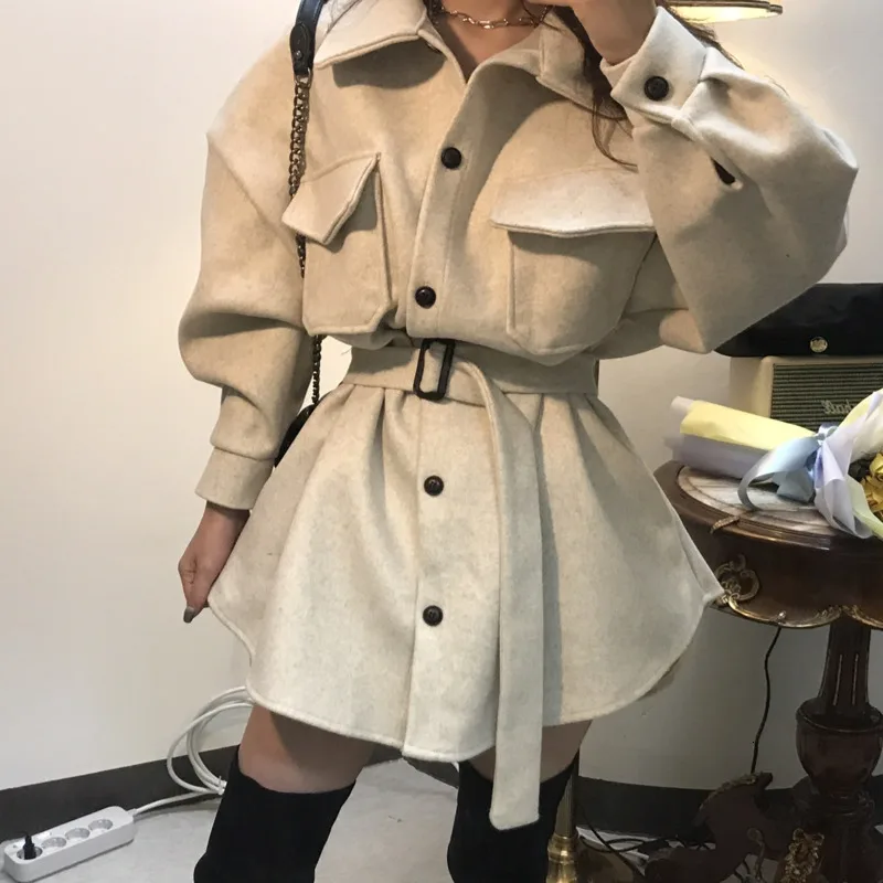 [EWQ] стиль сафари, длинный рукав, толстое теплое Женское зимнее пальто, Женское шерстяное пальто, корейское элегантное пальто размера плюс, женское Трендовое пальто QL27301