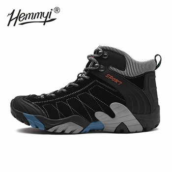 

Hemmyi New Outdoor Genuine Leather Men's Hiking Shoes Anti-collision Toe Cap Male Boots Tactical Military Boots Optional Plush