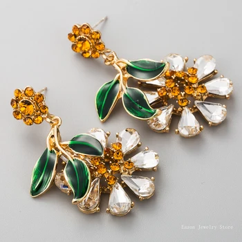 

Silver Anti Allergy Gold Earrings for Woman classy lady big round flowers and leaves drop oil and shiny crystal tassel earrings