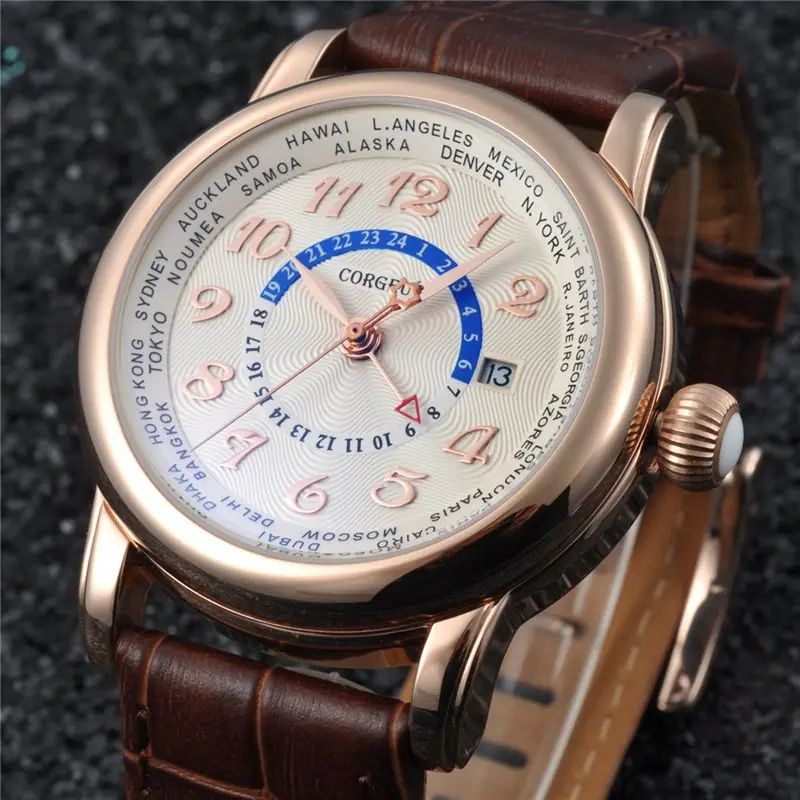 

Corgeut 43mm white dial Luxury Calender Date Gold hands GMT Automatic Men's watch
