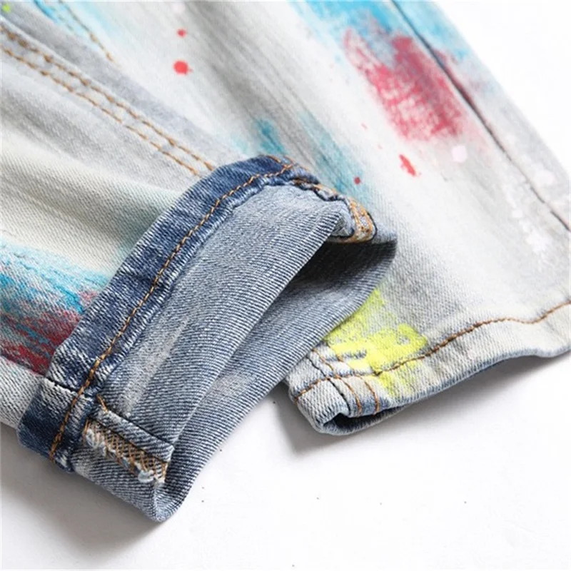 Splash-ink Brush Paint Jeans Rainbow Ripped Trim Soft Cotton Stretch Season Light Blue Cat Whisker Label High Street Fashion New