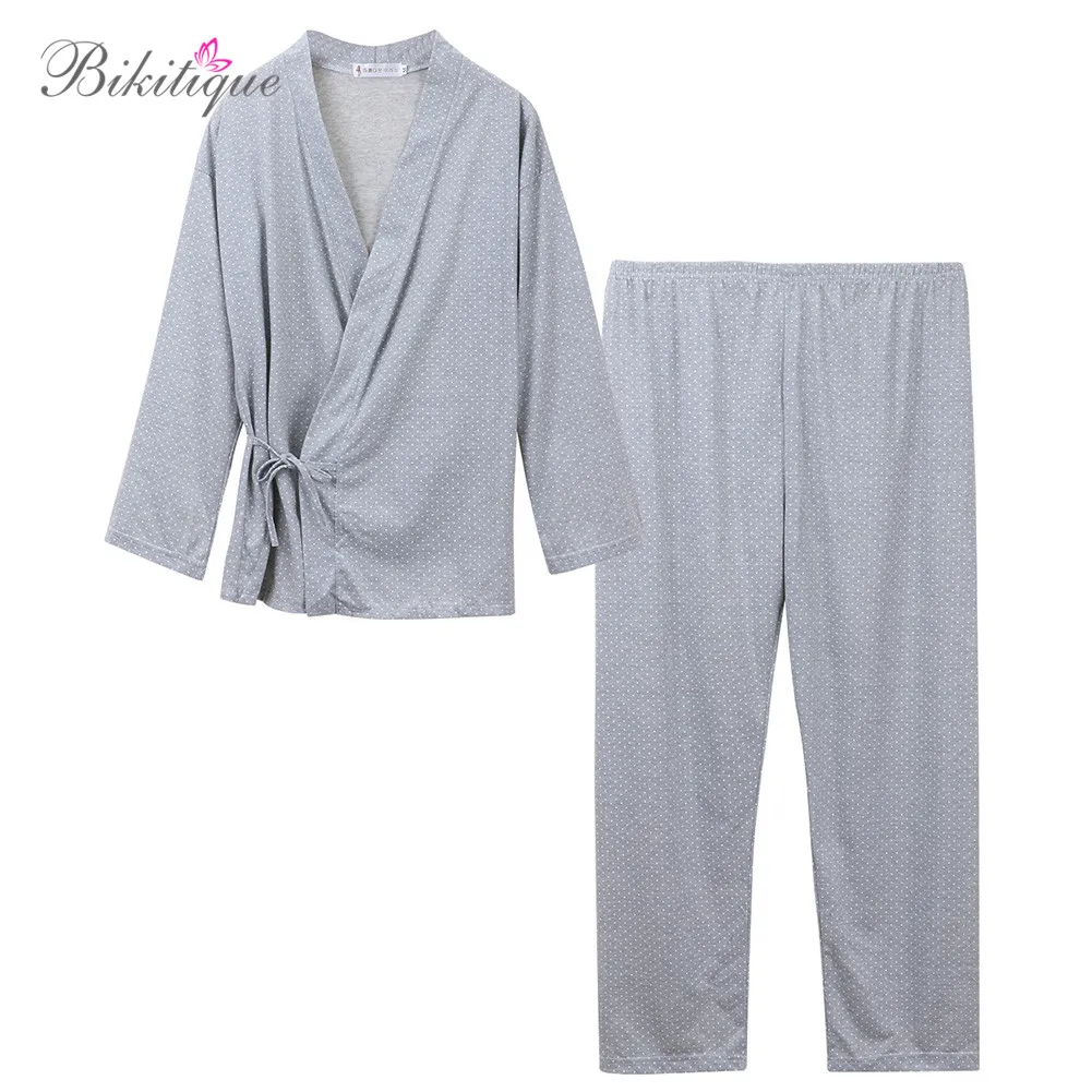 Новые хлопковые зимние мужские пижамы маленькие точки Япония Кимоно завязанные Топы+ длинные штаны Домашняя одежда мужские пижамы