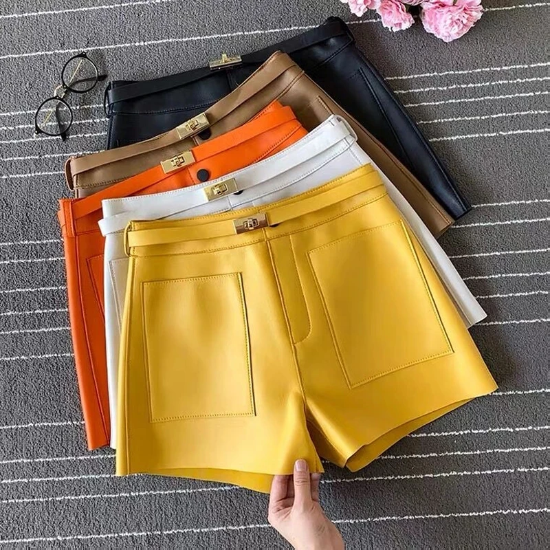 

New Arrival 2021 Real Sheepskin Leather Shorts Women Casual Genuine Leather Shorts Sashes Versatile Pockets