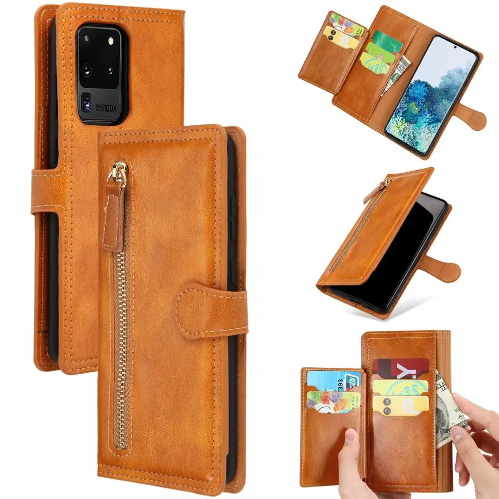 

Retro Magnetic Leather Flip Wallet Case For Samsung Galaxy S20 Plus S20 Ultra Zipper Coin Purse Card Slots Phone Case