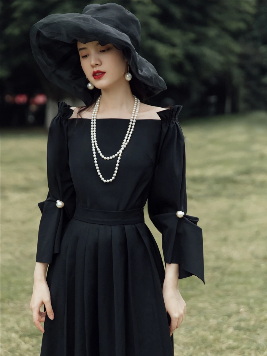 

Modern Vintage Style Black Outfits Elegant Office Lady Slash Neck Designer Shirt Blouse & Long Pleated Skirt Women 2 Piece Set