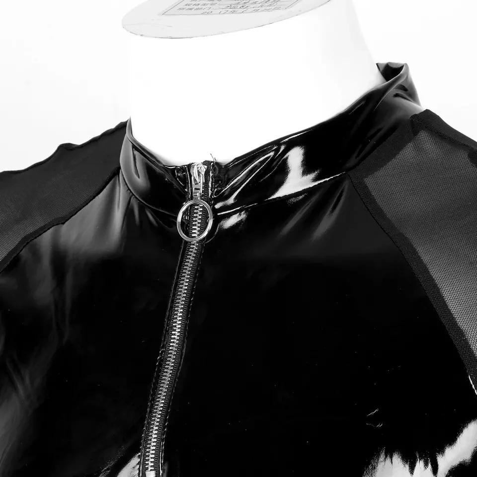 Mens Sexy Shiny Leather T-Shirt Erotic Sheath Wetlook Latex Coat Male Glossy Metallic PVC Leather Jacket Porn Short-sleeved Tops sports jersey