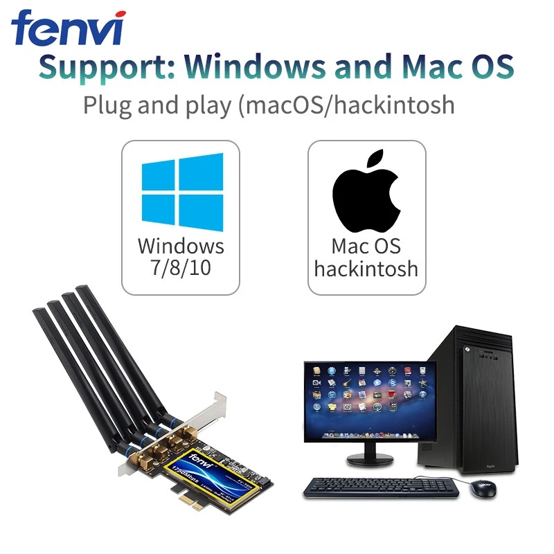 1750Mbps Fenvi T919 PCIe WiFi Card Adapter BCM94360CD For MacOS Hackintosh Bluetooth 4.0 802.11ac 2.4G/5GHz Dual Band Desktop PC