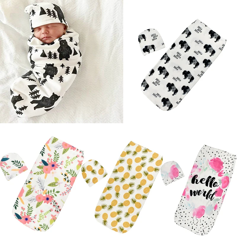 

2 Pieces Set Newborn Swaddle Wrap+Hat Cotton Baby Receiving Blanket Bedding Cartoon Cute Infant Sleeping Bag For 0-3 Months