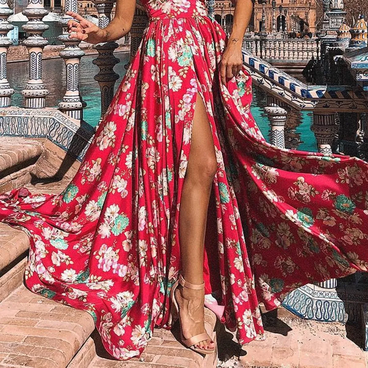 Vrouwen Boho Een Schouder Bloemenprint Bohemian Jurk A-lijn Mouwloos Rijk Sexy Lange Jurk Split Beach Party Jurken Vrouwen Boho Een Schouder Bloemenprint Bohemian Jurk A-lijn Mouwloos Rijk Sexy Lange Jurk Split Beach Party Jurken
