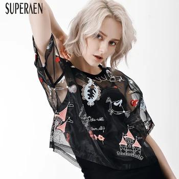 

SuperAen Summer New 2020 Mesh T Shirts Women Short Sleeve Embroidery Wild Ladies T Shirts Round Collar Fashion Women Tops