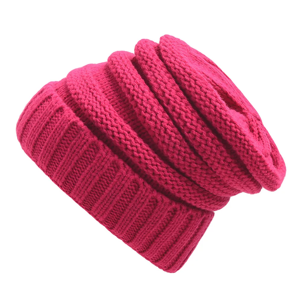 Hot Pink Женская однотонная вязаная шерстяная шапка, повседневная Шапка-бини, теплые мягкие эластичные шапки HATBD0305 - Цвет: Hot Pink