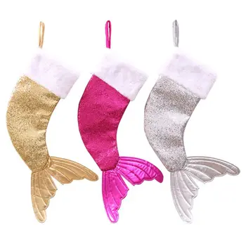 

Christmas Sequins Fishtail Stockings Sock Decoration Fireplace Xmas Tree Hanging Pendant Ornament Candy Gift Bag