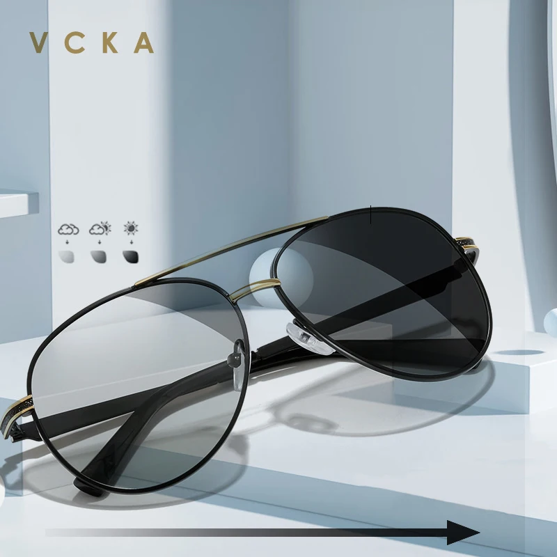 

VCKA Polarized Vintage Pilot Sunglasses Men Photochromic Sun Glasses Women Eyeglasses Spring Leg Gafas Oculos De Sol Masculino