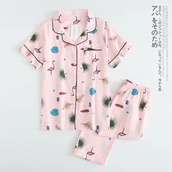 

Women's Pajamas Cotton Gauze Nightwear Short Sleeve Shirt&Long Pants 2PCS Sleep Set Home Clothes Thin Casual Cotton Living Suit