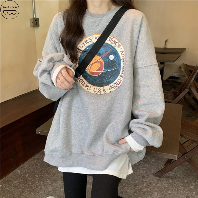 XinHuaEase Sudadera sin capucha para mujer, suéter holgado de cuello redondo, informal, para chica, coreano, de estampado de Planeta, Top invierno|Sudaderas con capucha y sudaderas| - AliExpress