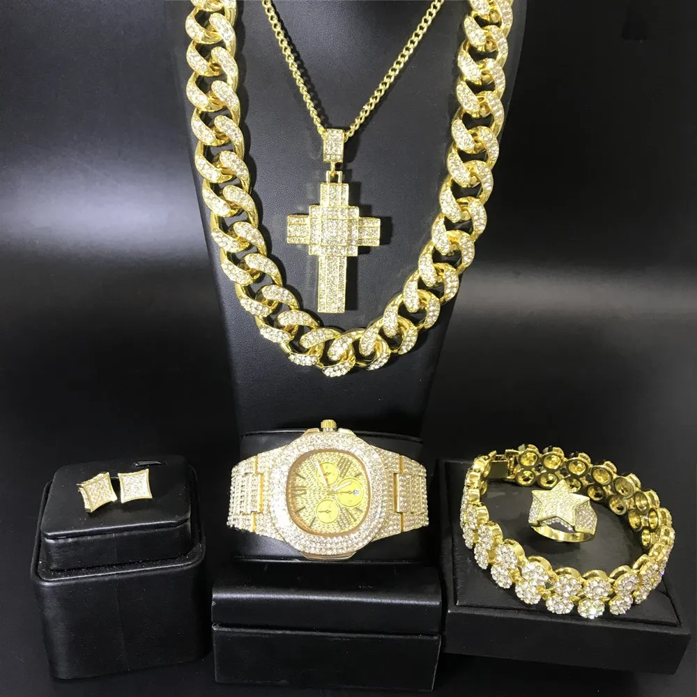 

Luxury Men Gold Watch Men Watch & Necklace & Braclete & Ring & Earring Combo Set Ice Out Cuban Chain Hip Hop Jewerly Set For Men