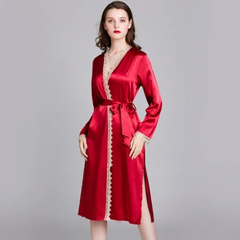 

RB0402 Spring Summer Women Robes Sexy Lace Trim Long Gown Robes Ladies Red Satin Silk Sleepwear Women Sexy V Neck Long Bath Robe