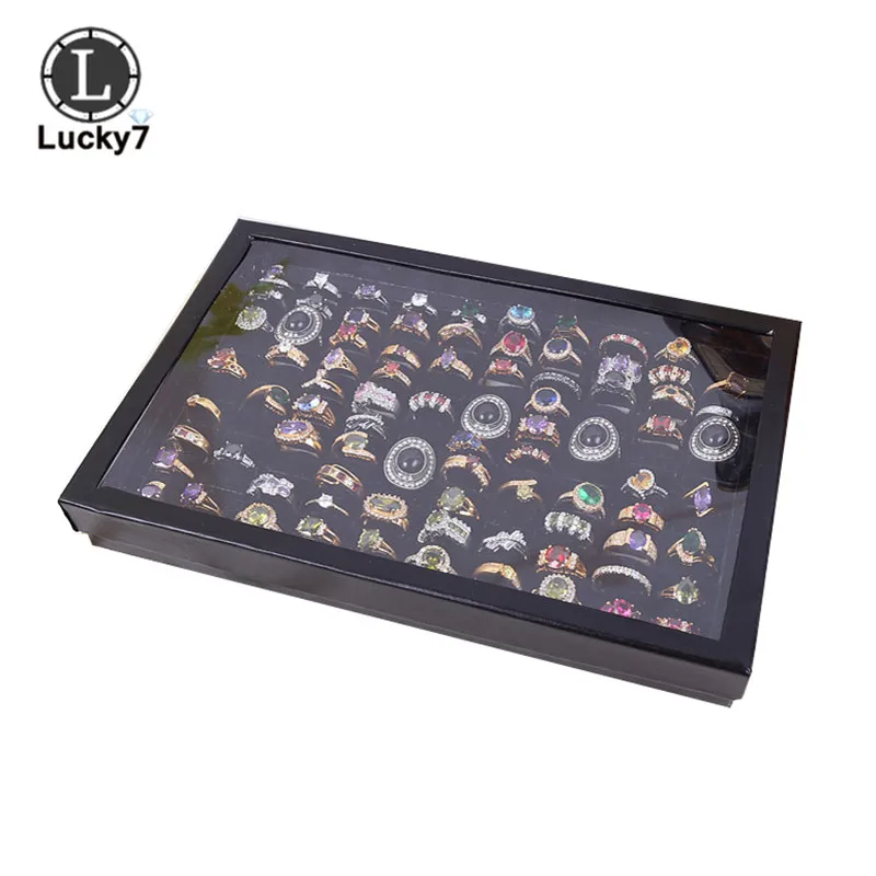 100 Slot Black Velvet Sponge Ring Display Box Cardboard Jewelry Storage Case Holder Showcase Ring Cufflink Jewelry Tray With Lid - Цвет: Black