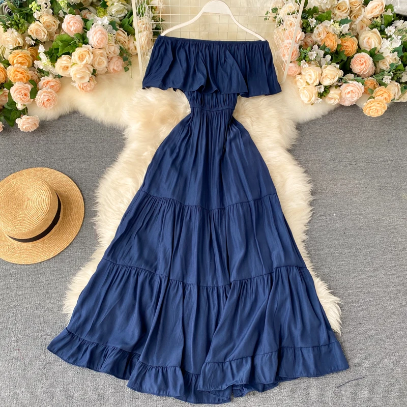 SINGRAIN Women Summer Off Shoulder Maxi Dress Solid Ruffles Dress Elegant Romantic A-Line Dress Korean Sexy Slash Neck Long Robe