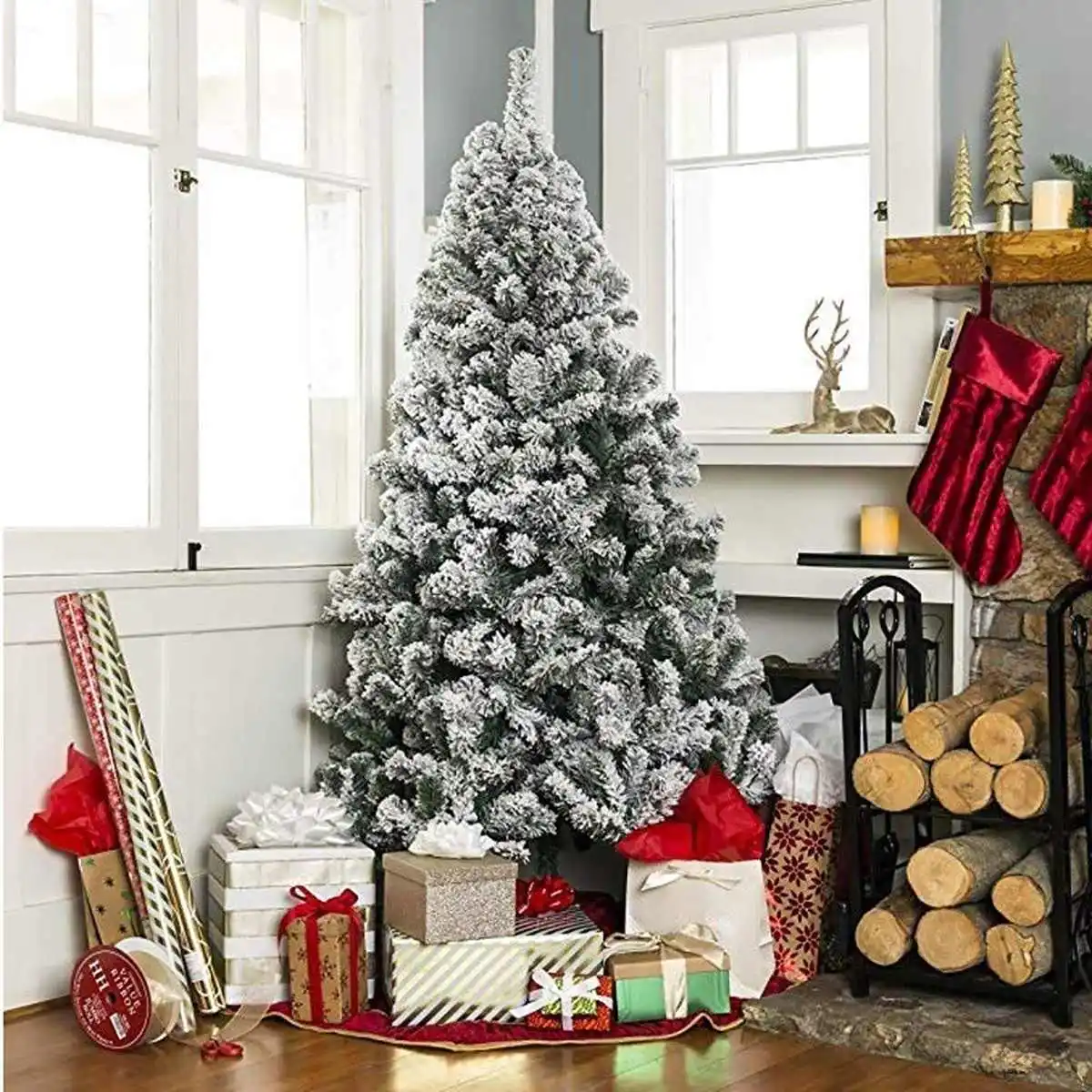 

1.8/1.5/1.2M Christmas Tree Decoration Christmas LED Light Snow Flocked Hinged Artificial Pine Tree Decor Home Party Supplies