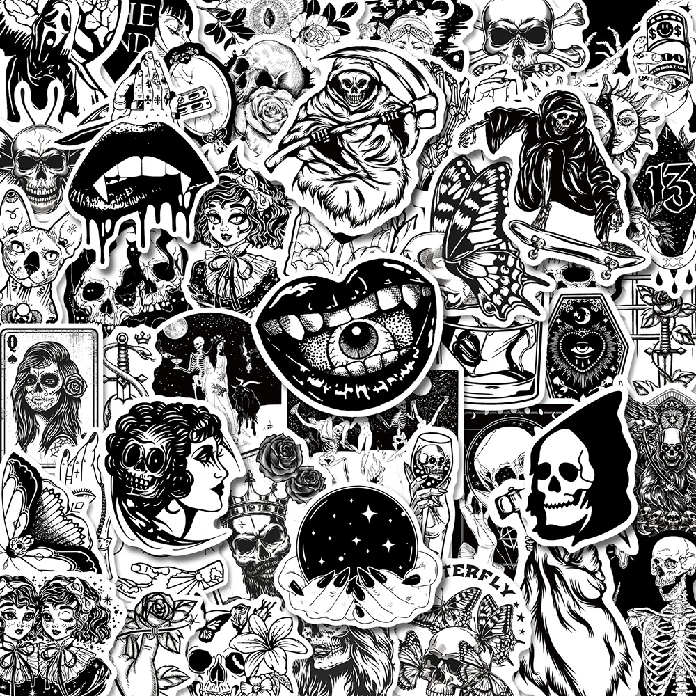 10/30/50PCS Black White Gothic Style Horror Skeleton Graffiti Stickers DIY Laptop Luggage Guitar Skateboard Car Decal Kid Toy F3 10 30 50pcs horror skull sticker luggage laptop skateboard guitar car decoration graffiti sticker toy wholesale