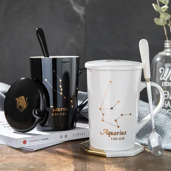 

Twelve Constellation Mug with Spoon Lid Creative Ceramic Tea Milk Juice Drink Water Cups Childen Gifts Decoration Horoscope Mugs