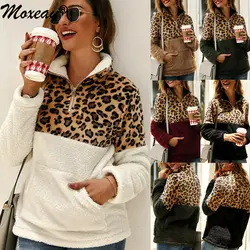 Moxeay 1 4, на молнии, с леопардовым принтом, пуловер, Свитшот в стиле «пэчворк»; с отложным рубашка с воротником флисовый пуловер Для женщин