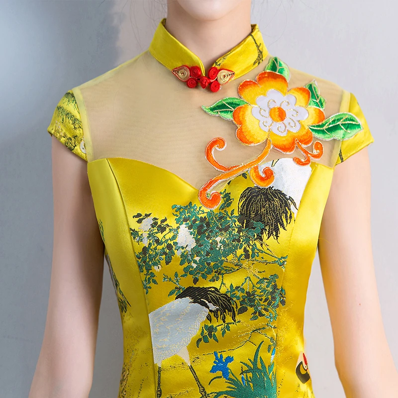Желтый Русалка Вышивка Cheongsam современные Chinoise вечерние платья пикантный халат Qi Pao женское китайское вечернее китайское платье-Ципао