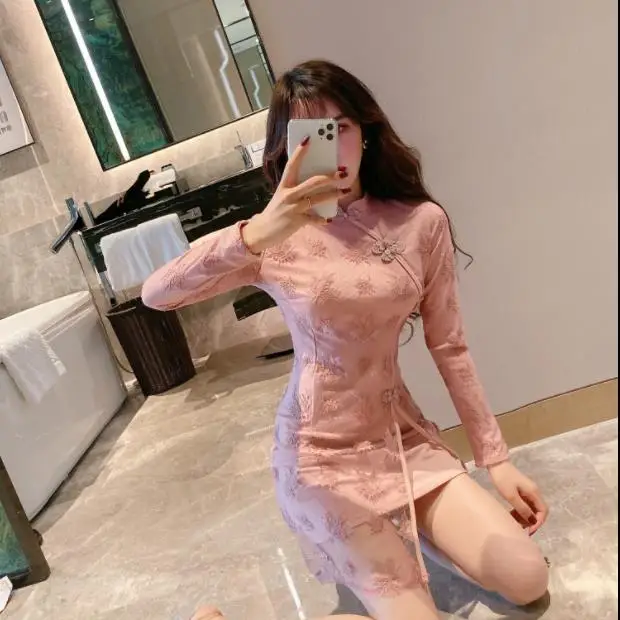 Готический современный Чонсам женское короткое Кружевное Ципао китайский стиль