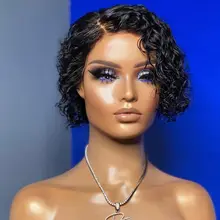 

Short Pixie Cut Wig Curly Human Hair Wigs Cheap Deep Wave Frontal Wig Side Part Bob Wigs For Women T Part Transparent Lace Wigs