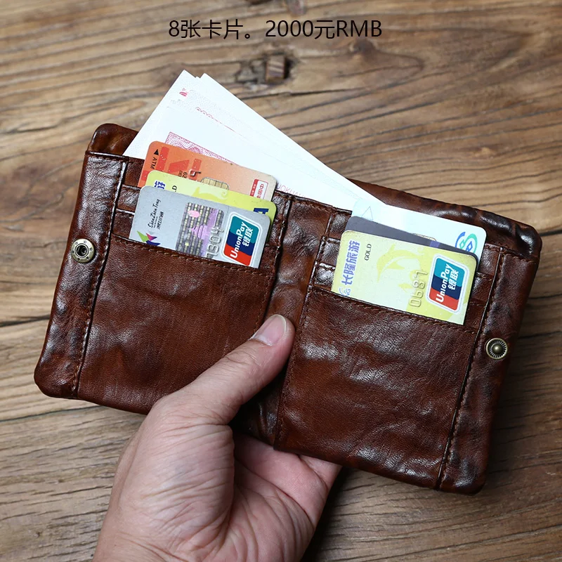 NZPJ Men's Cowhide Retro Wallet Leather Women's Short Wallet Vegetable Tanned Leather Vertical Wallet Youth Zipper ID Card Case