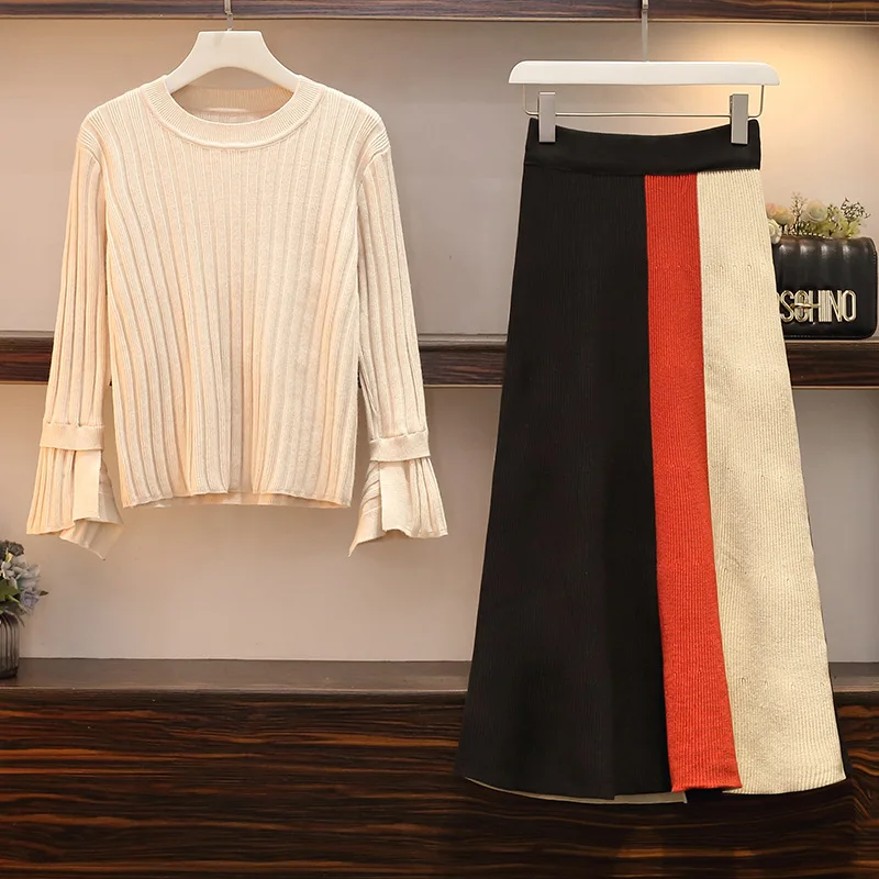 

Photo Shoot 2019 Autumn And Winter New Style Korean-style Large Size Chubby Mm Slimming by Age Mixed Colors Sweater Dress Outfit