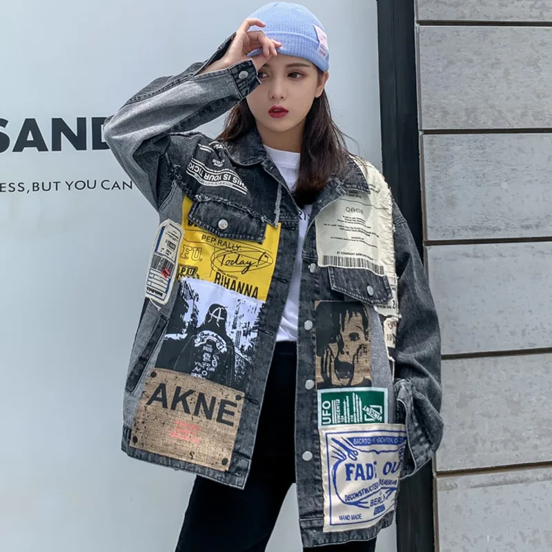 [EWQ] 2021 New Vintage Full Sleeve Appliques Pattern Large Size Black European Denim Jacket Stitching Printing Letters Overcoats | Женская