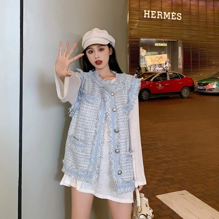 

Flutter . . Han Feng Small Real Thin Section Vest Loose Coat Woman Autumn All-match Vest Jacket Long Fund T Pity