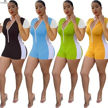 

2020 Women V-neck Short Jumpsuits Rompers Patchwork Zipper Slim Fitness Playsuit Sexy Night Clubwear Party One Piece Club Outfit